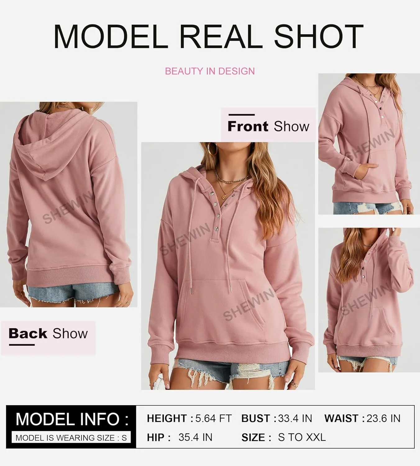 SHEWIN Women's Casual Hoodies Long Sleeve Solid Lightweight Pullover Tops Loose Sweatshirt with Pocket