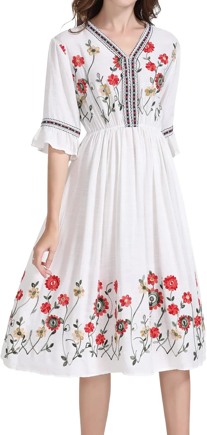 Shineflow Women's Short Sleeve Mexican Embroidered Floral Pleated Midi A-line Cocktail Dress