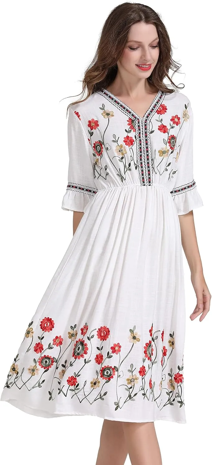 Shineflow Women's Short Sleeve Mexican Embroidered Floral Pleated Midi A-line Cocktail Dress