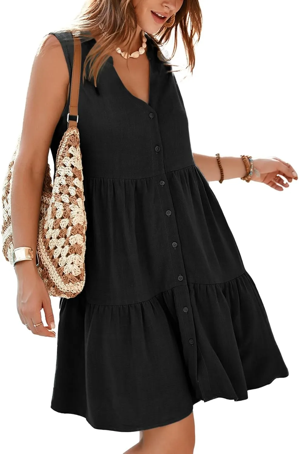 Simplee Women??s Sleeveless Linen Summer Dress Casual Button Down Mini Dress Flowy Beach Sundress with Pockets