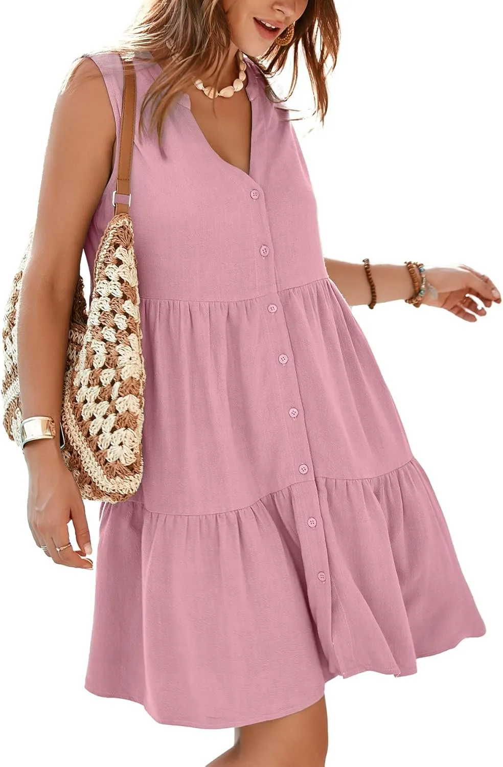 Simplee Women??s Sleeveless Linen Summer Dress Casual Button Down Mini Dress Flowy Beach Sundress with Pockets