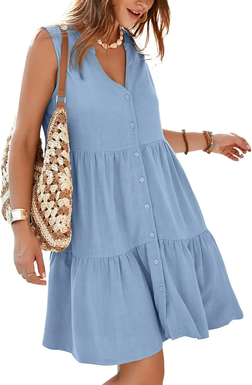 Simplee Women??s Sleeveless Linen Summer Dress Casual Button Down Mini Dress Flowy Beach Sundress with Pockets