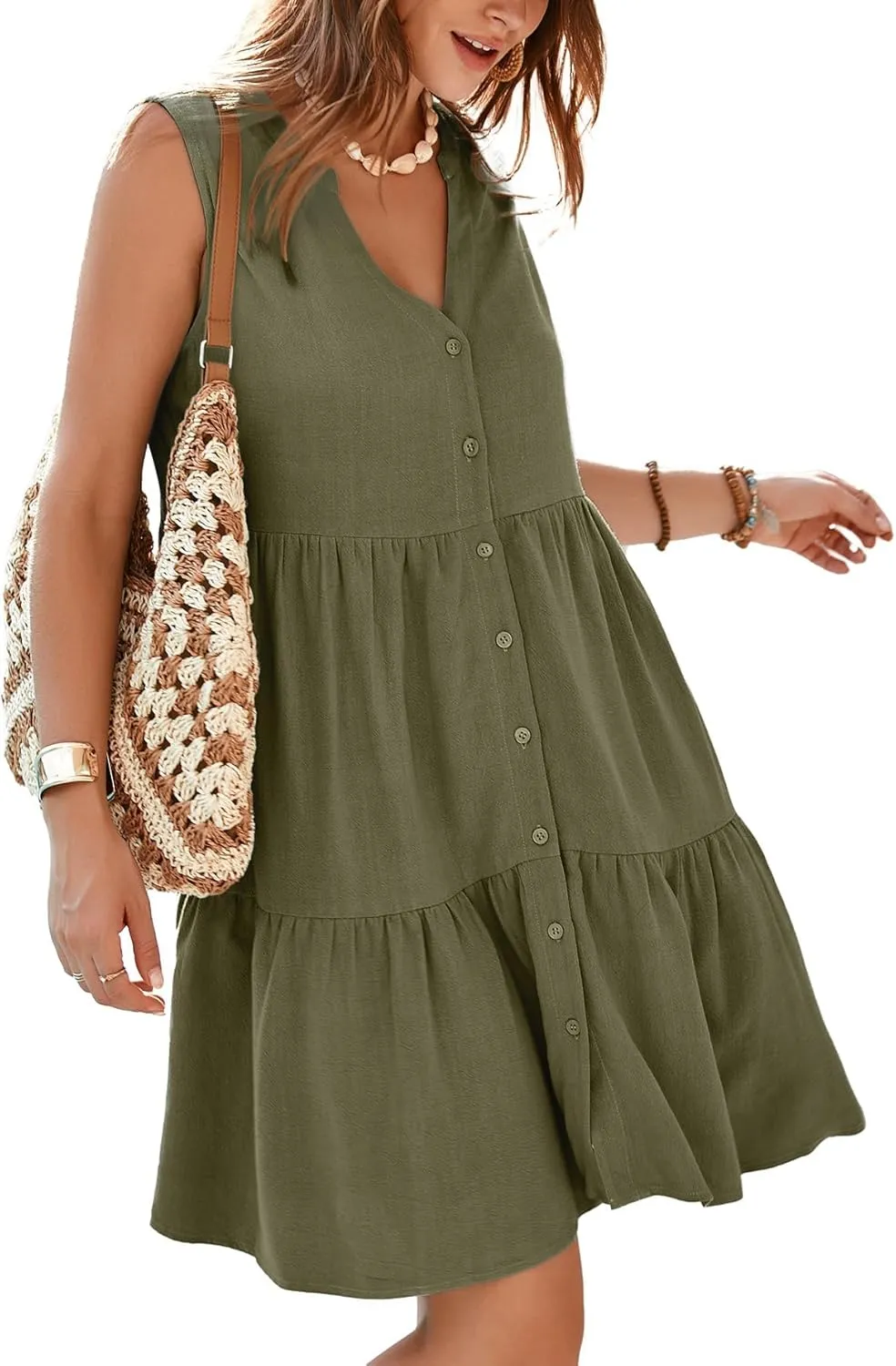 Simplee Women??s Sleeveless Linen Summer Dress Casual Button Down Mini Dress Flowy Beach Sundress with Pockets
