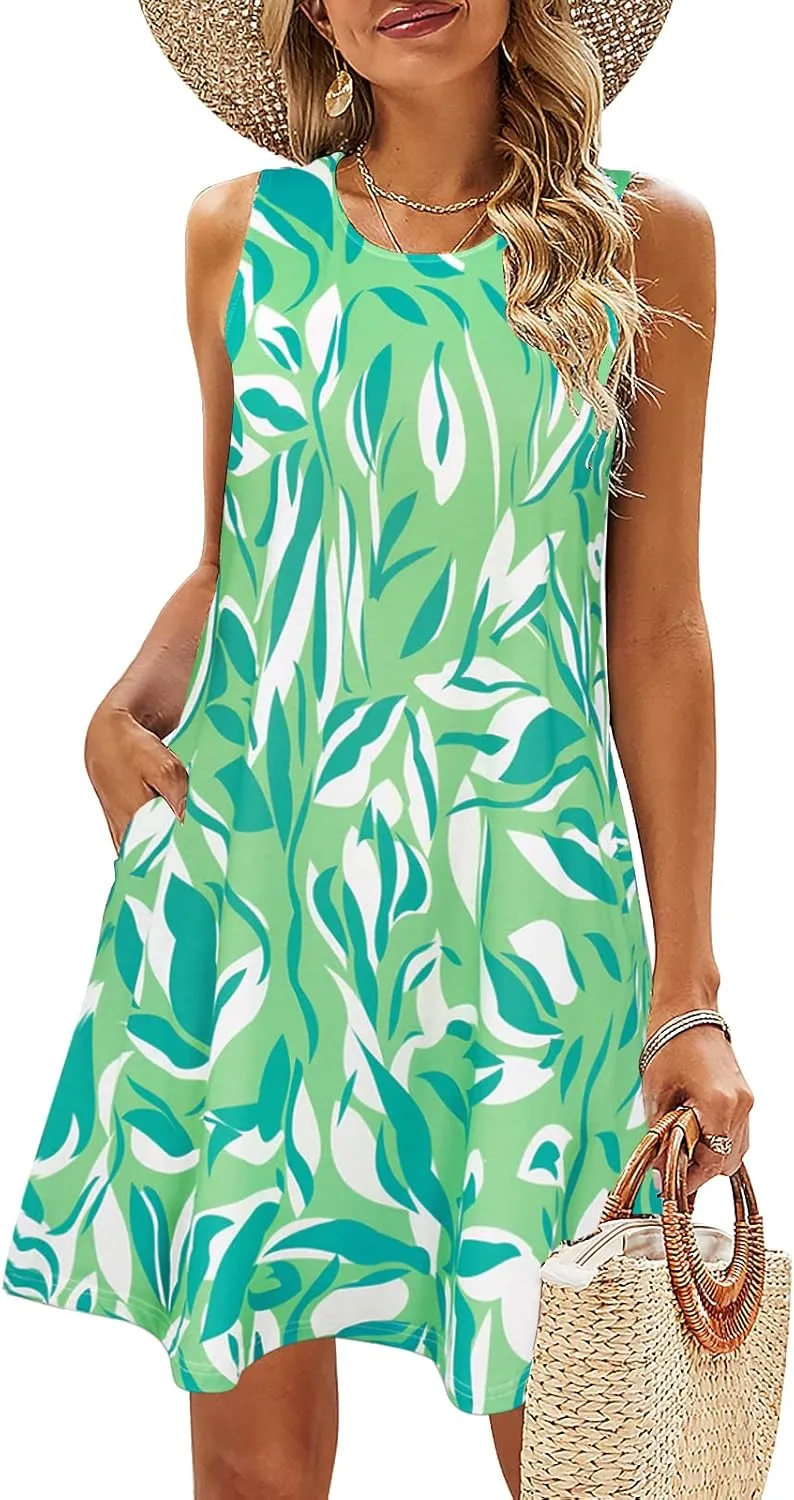 SimpleFun Summer Dresses for Women Beach Floral Tshirt Sundress Casual Pockets Boho Tank Dress
