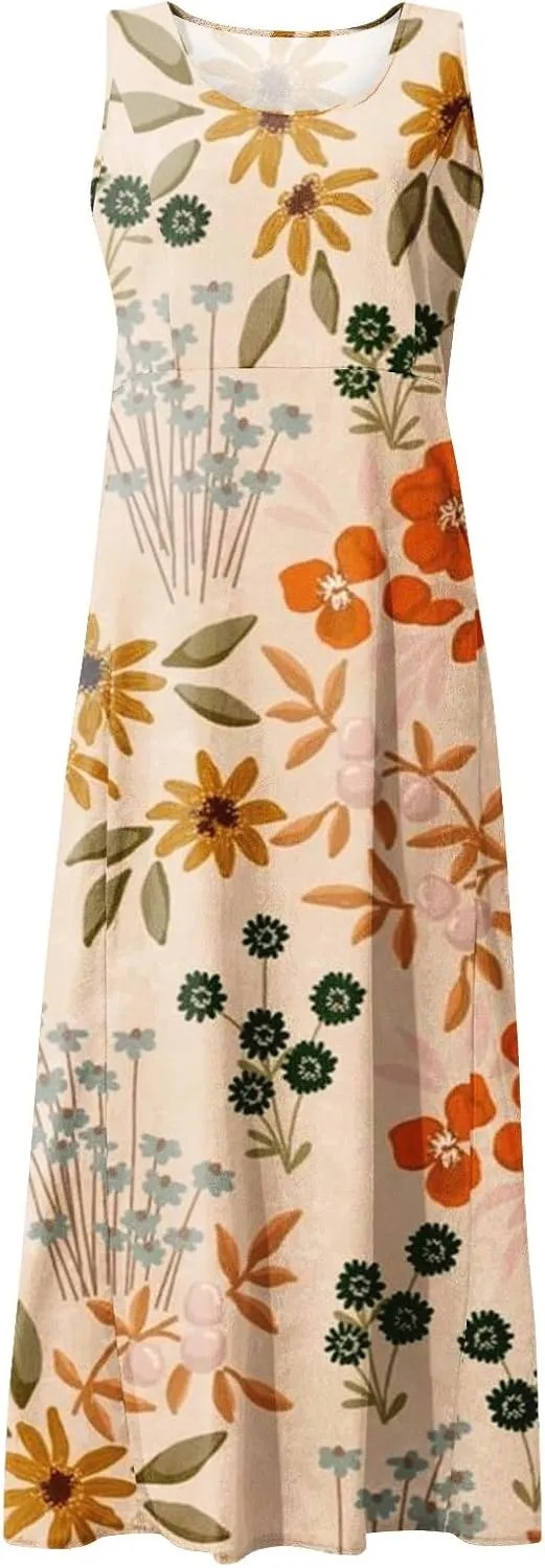 Sleeveless Dresses for Womens 2024 Beach Cotton Linen Floral Printed Dresses with Pockets Casual Flowy Long Dress