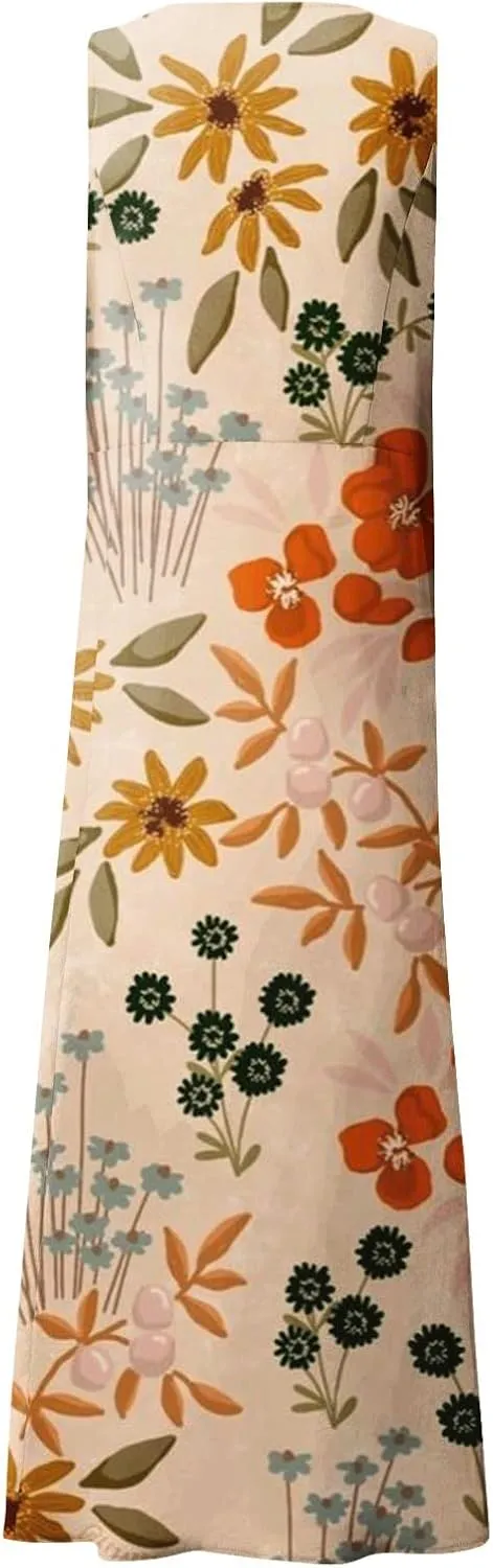 Sleeveless Dresses for Womens 2024 Beach Cotton Linen Floral Printed Dresses with Pockets Casual Flowy Long Dress