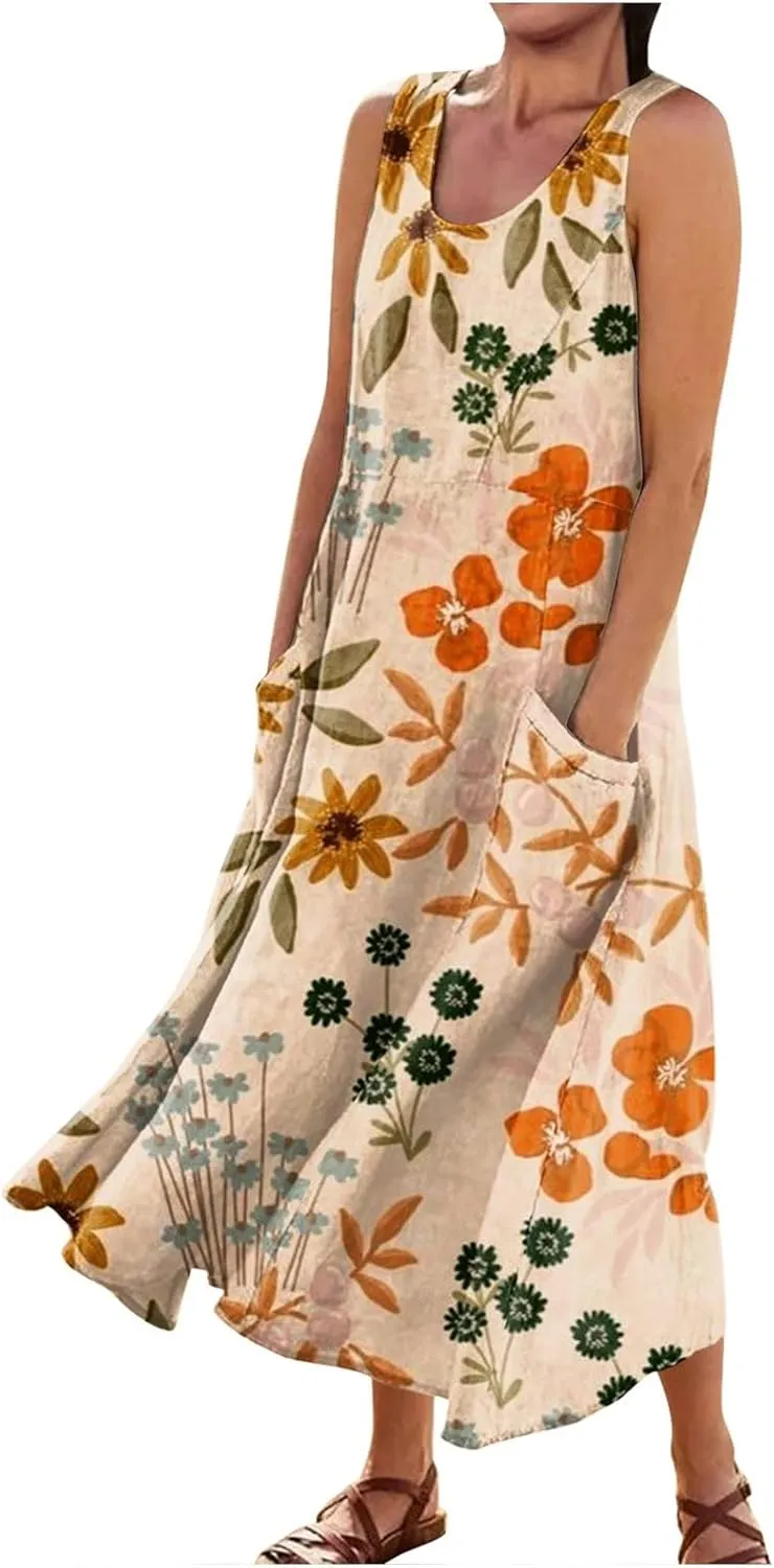 Sleeveless Dresses for Womens 2024 Beach Cotton Linen Floral Printed Dresses with Pockets Casual Flowy Long Dress