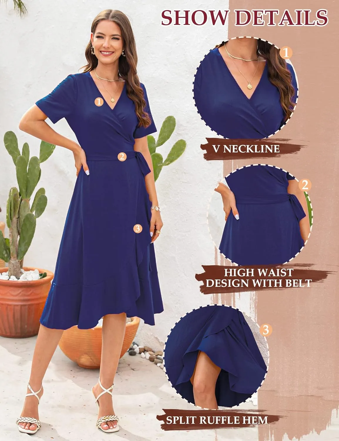 SLOWTOWN Women's Wrap Dress V Neck Short Sleeve Ruffle Hem Midi Dress