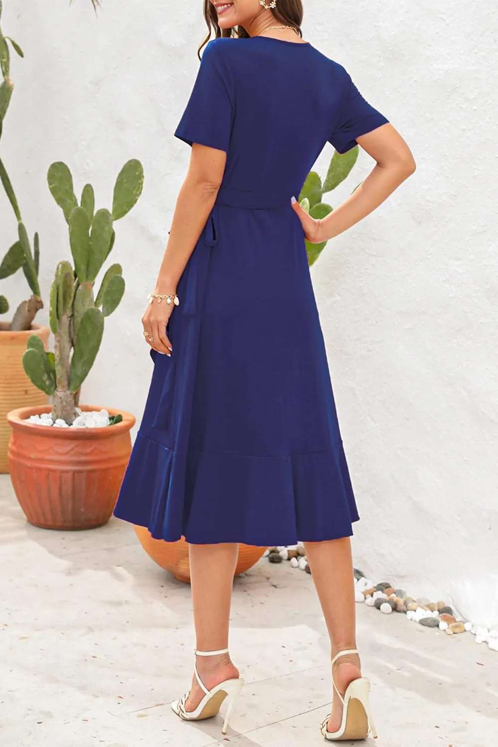 SLOWTOWN Women's Wrap Dress V Neck Short Sleeve Ruffle Hem Midi Dress