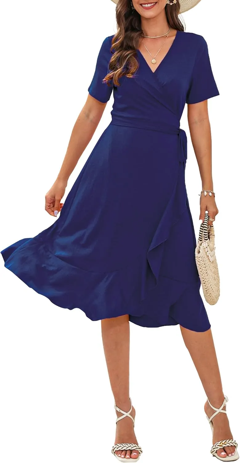 SLOWTOWN Women's Wrap Dress V Neck Short Sleeve Ruffle Hem Midi Dress