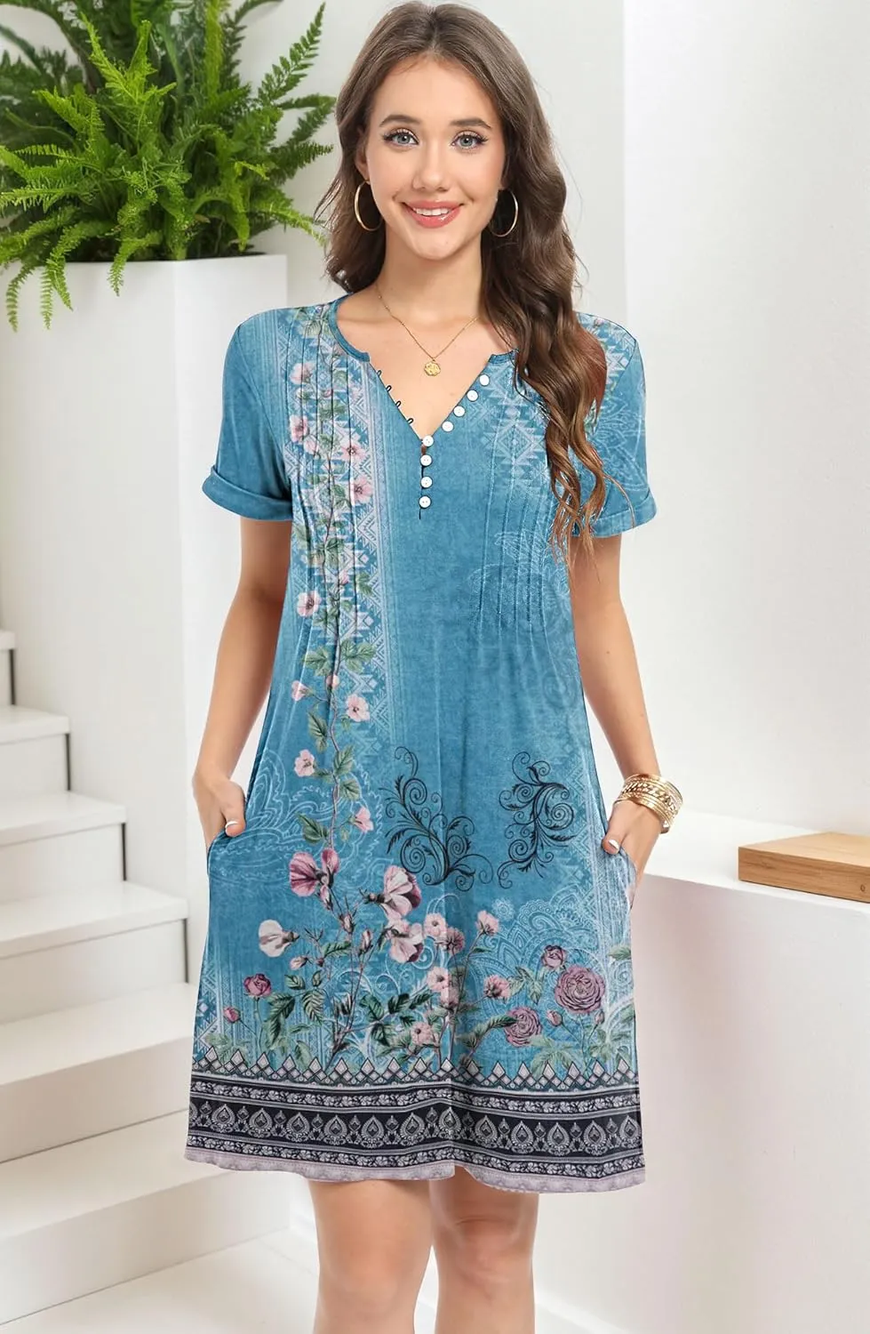 Soesdemo Womens Summer Dresses Short Rolled Sleeve Pleated Button Down V Neck Casual Beach Shift Sundresses with Pockets