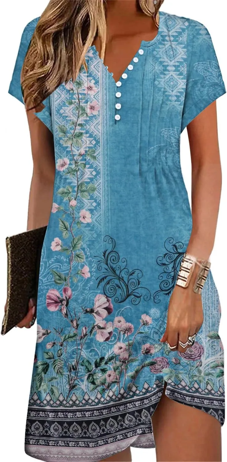 Soesdemo Womens Summer Dresses Short Rolled Sleeve Pleated Button Down V Neck Casual Beach Shift Sundresses with Pockets