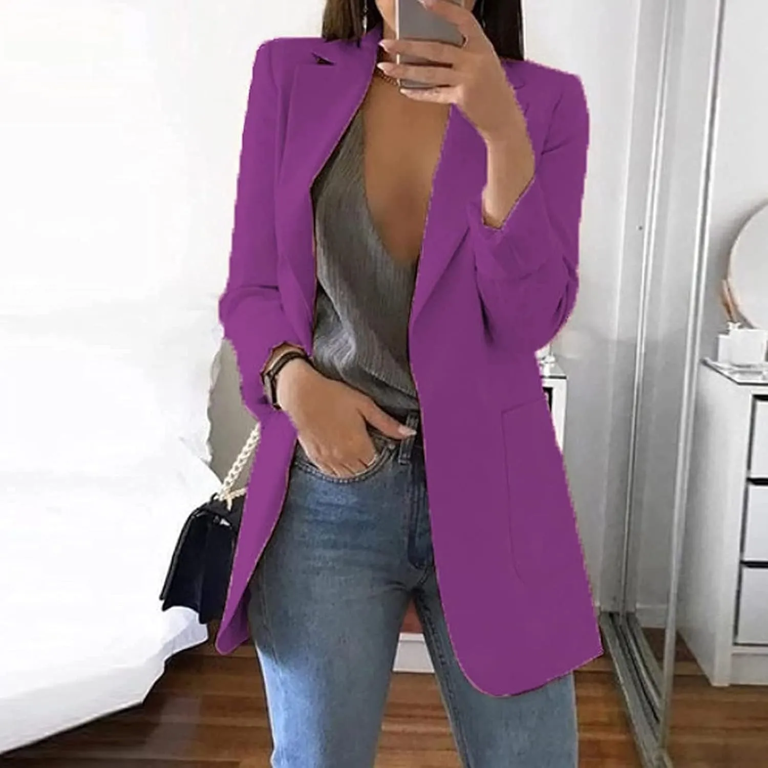 Solid Plain Blazers for Women Business Casual Office Coat Long Sleeve Cardigans Suit Blazer Jacket Fall Thin Outwear