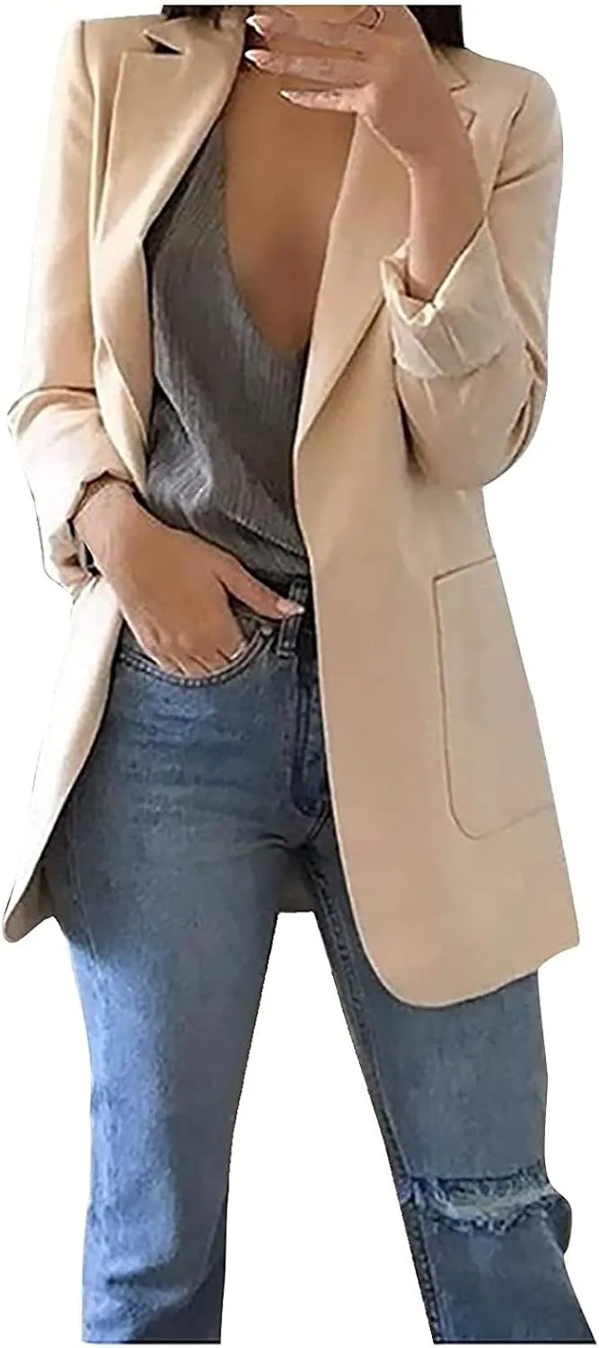 Solid Plain Blazers for Women Business Casual Office Coat Long Sleeve Cardigans Suit Blazer Jacket Fall Thin Outwear