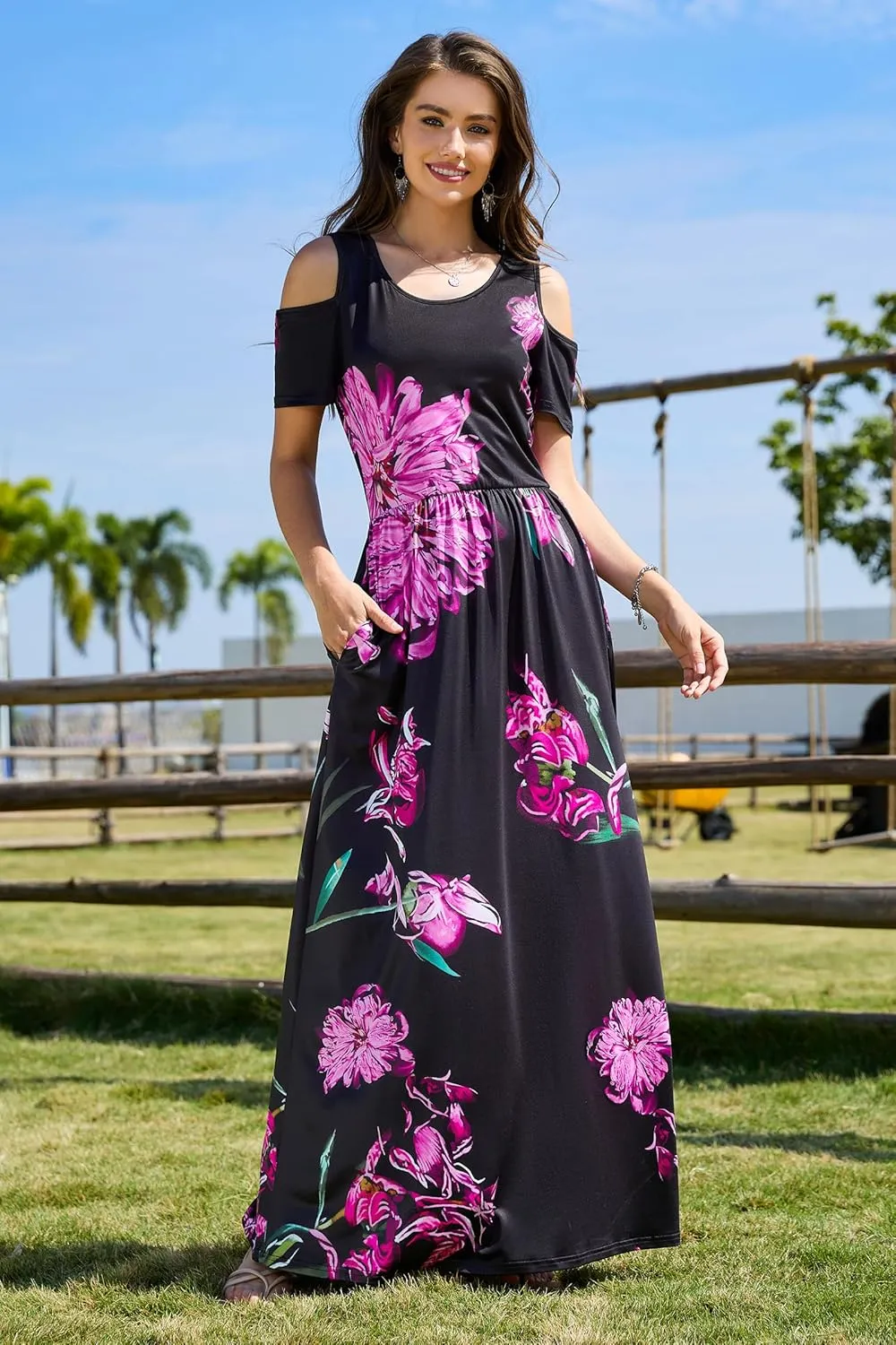 STYLEWORD Women's 2025 Summer Maxi Long Dresses Cold Shoulder Sundress with Pocket