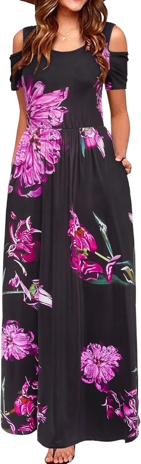 STYLEWORD Women's 2025 Summer Maxi Long Dresses Cold Shoulder Sundress with Pocket