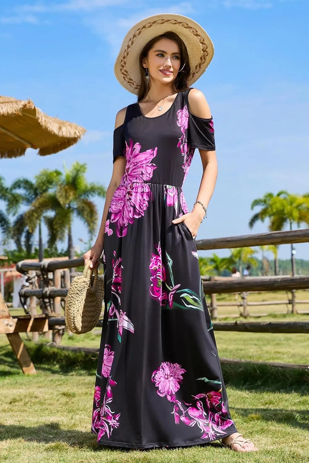 STYLEWORD Women's 2025 Summer Maxi Long Dresses Cold Shoulder Sundress with Pocket
