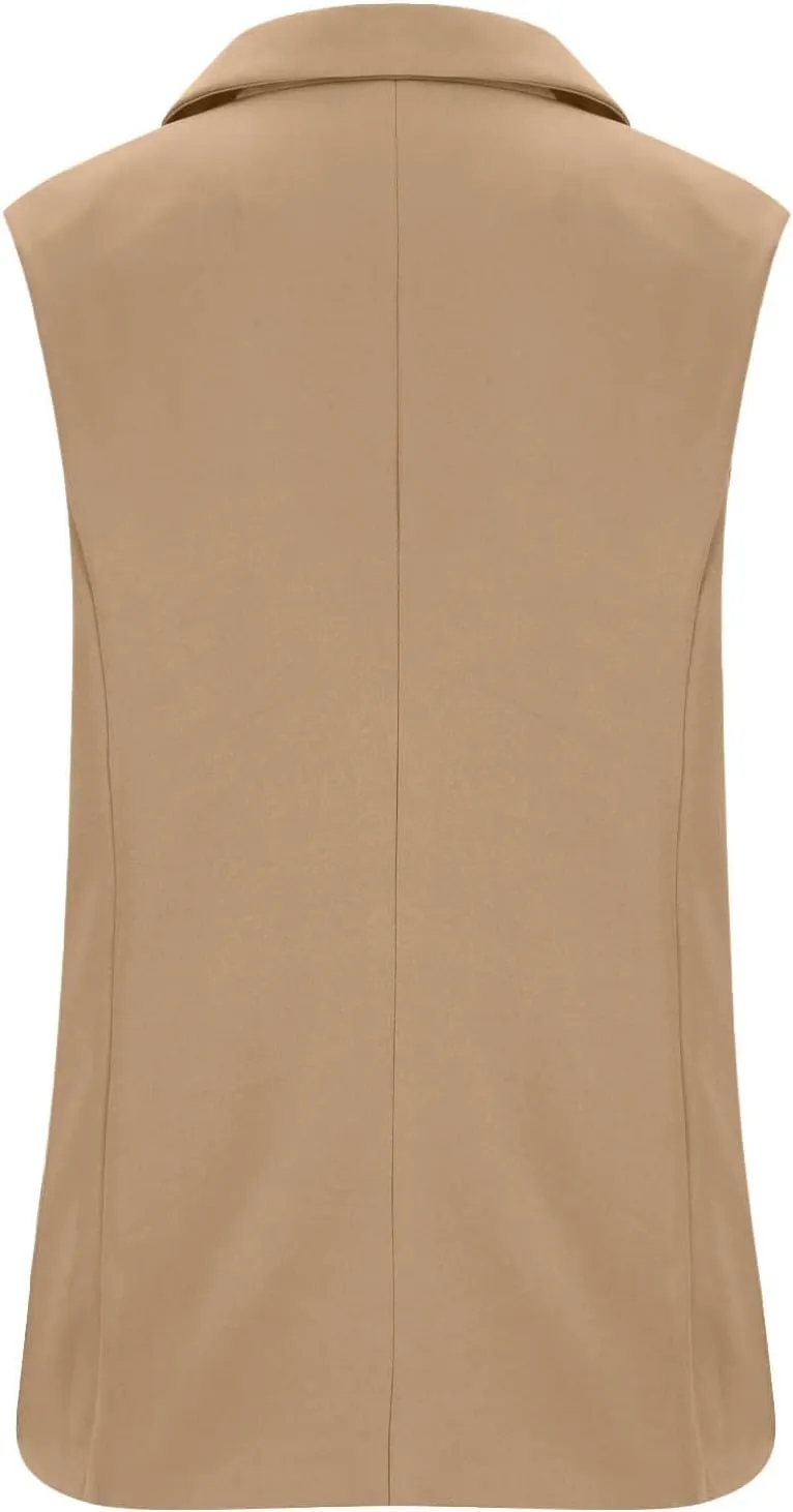 Summer Sleeveless Blazer for Women Lightweight Fully-Lined Fashion Casual Vest Work Office Button Up Pockets Blazers