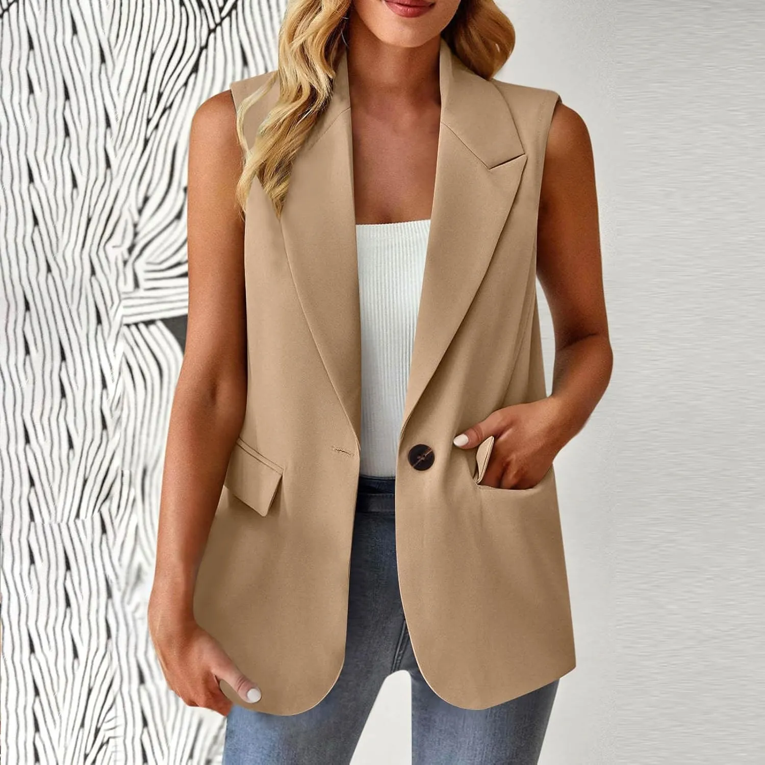 Summer Sleeveless Blazer for Women Lightweight Fully-Lined Fashion Casual Vest Work Office Button Up Pockets Blazers