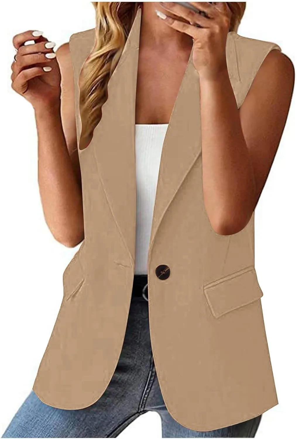 Summer Sleeveless Blazer for Women Lightweight Fully-Lined Fashion Casual Vest Work Office Button Up Pockets Blazers