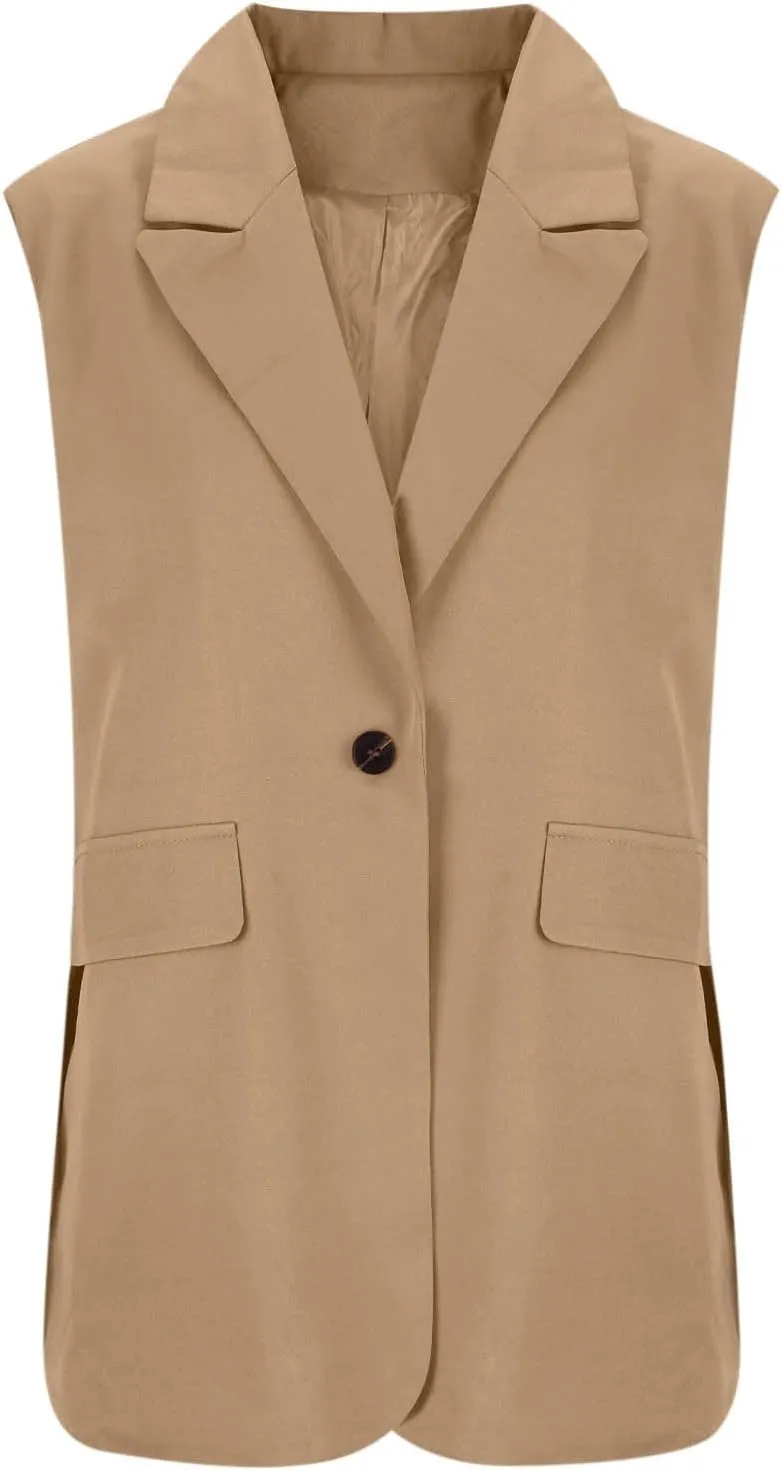 Summer Sleeveless Blazer for Women Lightweight Fully-Lined Fashion Casual Vest Work Office Button Up Pockets Blazers