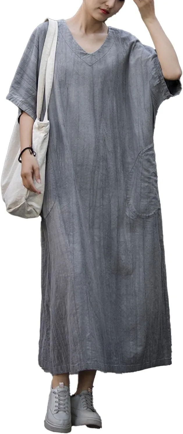 Summer Women??s Casual Short Sleeveless Cotton Linen Sun Dress Maxi Tunic Beach Dresst