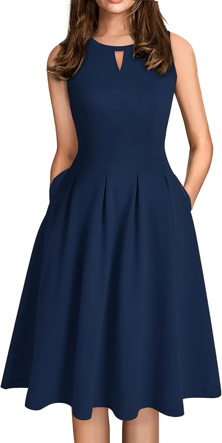 Sureple Women's Retro Sleeveless Swing Casual Work Summer Party Dress with Pockets