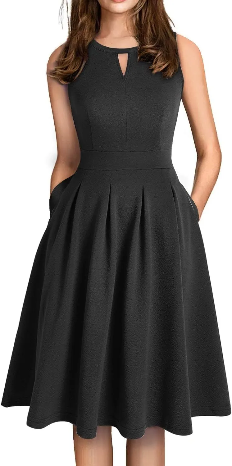 Sureple Women's Retro Sleeveless Swing Casual Work Summer Party Dress with Pockets