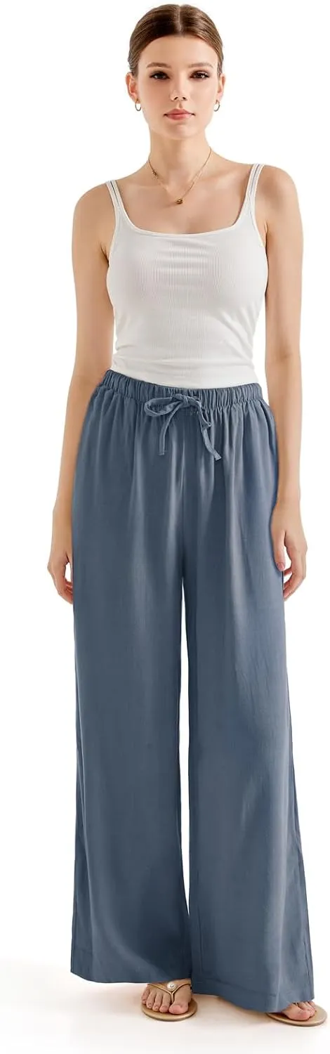 SUUKSESS Women Wide Leg Linen Pants with Pocket High Waisted Lounge Palazzo Pant