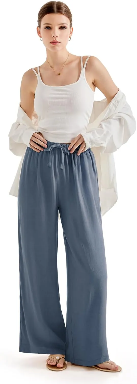 SUUKSESS Women Wide Leg Linen Pants with Pocket High Waisted Lounge Palazzo Pant