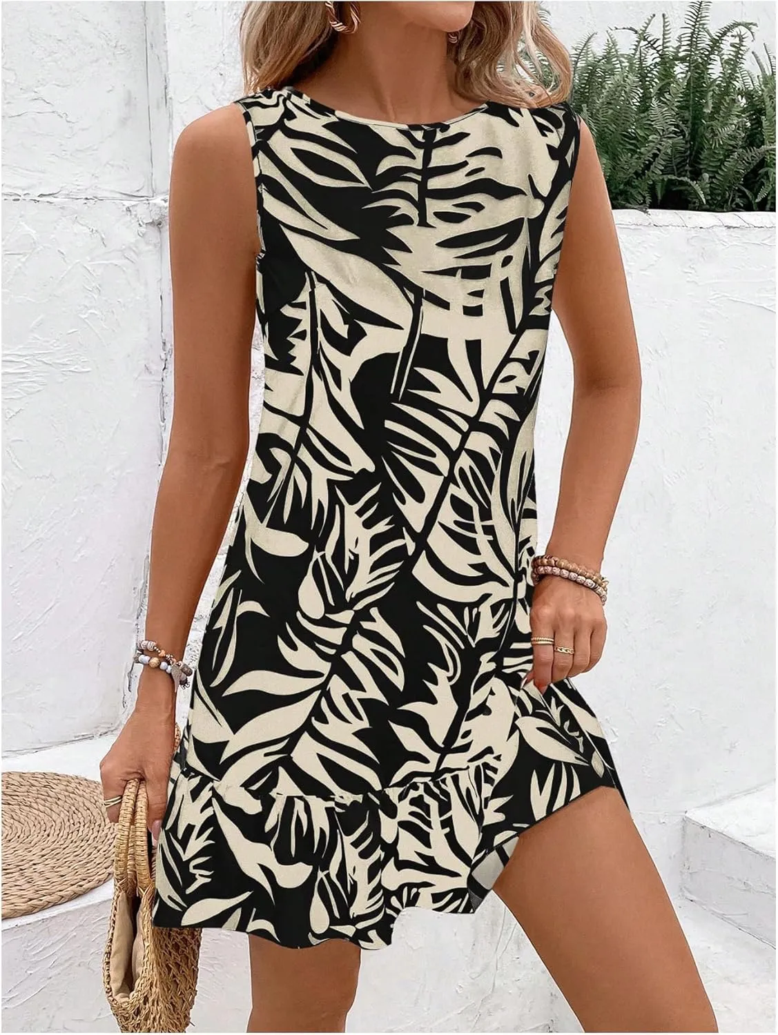 SweatyRocks Women's Printed Ruffle Mini Dresses Backless Sleeveless Crewneck Vacation Boho Dress