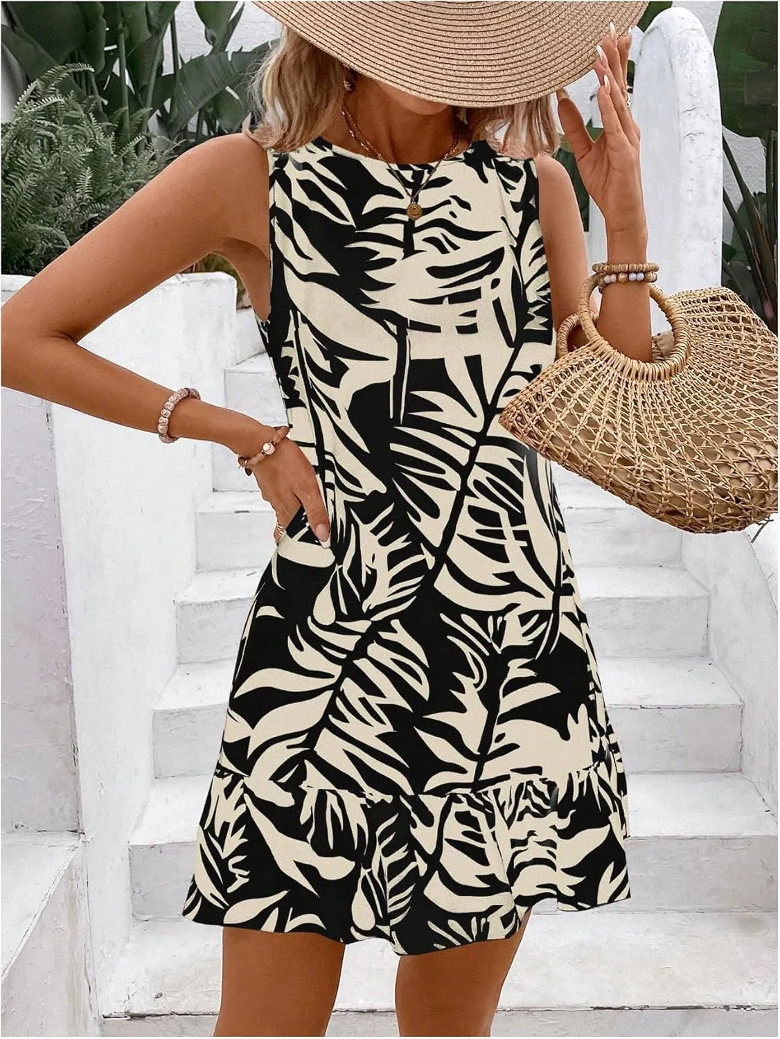 SweatyRocks Women's Printed Ruffle Mini Dresses Backless Sleeveless Crewneck Vacation Boho Dress