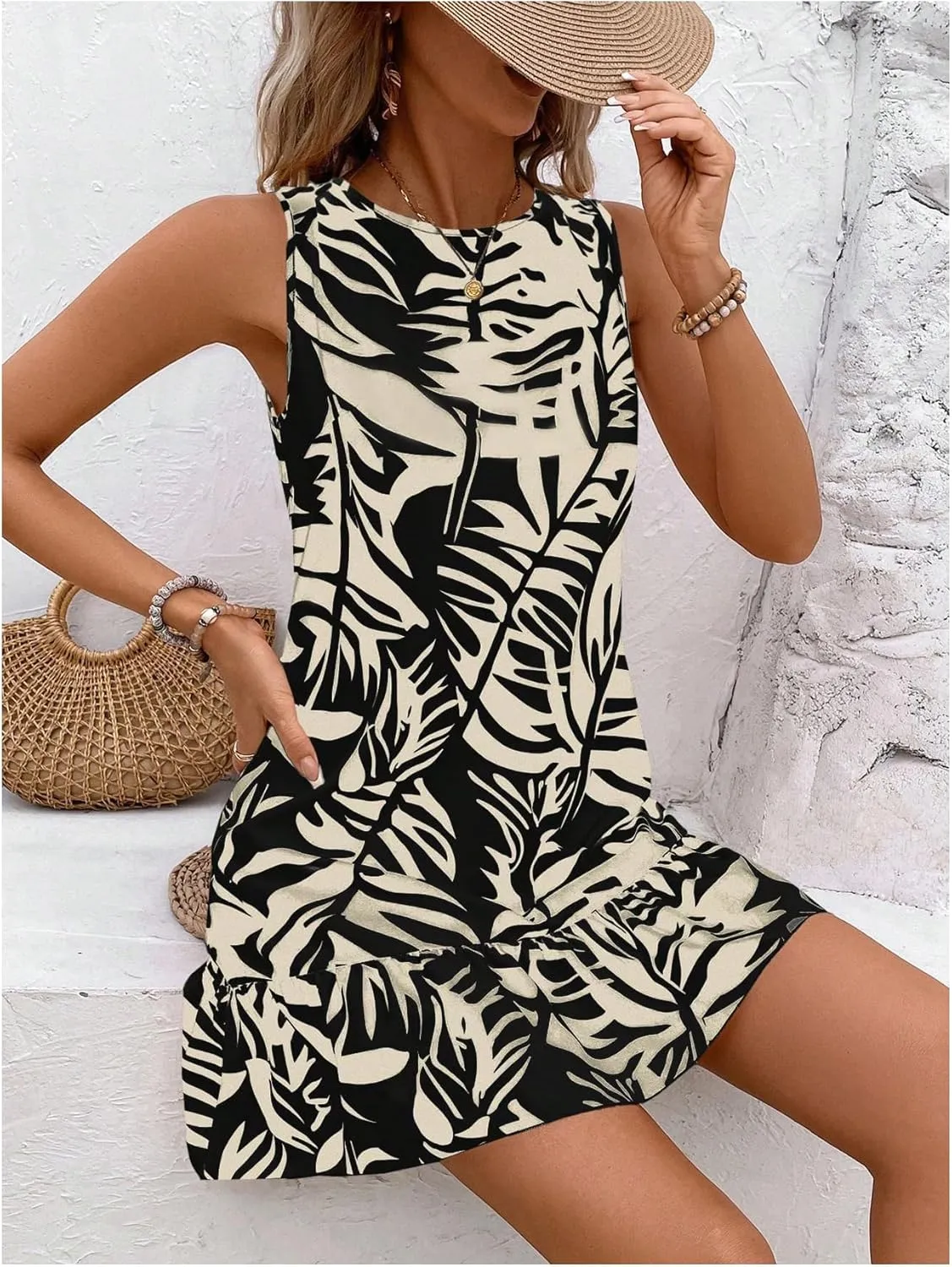 SweatyRocks Women's Printed Ruffle Mini Dresses Backless Sleeveless Crewneck Vacation Boho Dress