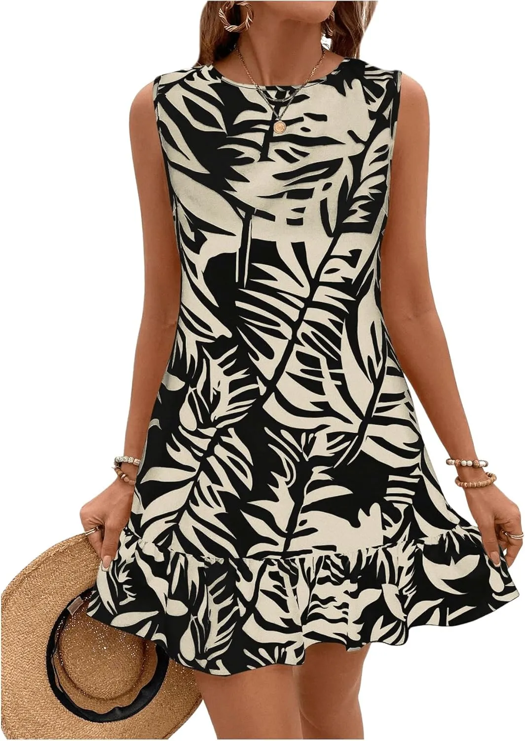 SweatyRocks Women's Printed Ruffle Mini Dresses Backless Sleeveless Crewneck Vacation Boho Dress