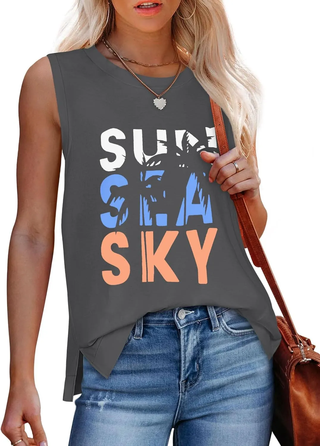 Tank Top for Women Summer Sleeveless Shirts Crewneck Casual Basic Side Split Tops