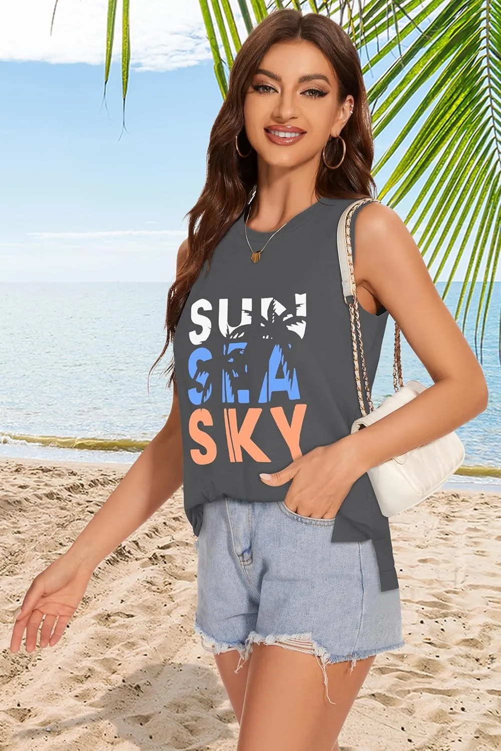 Tank Top for Women Summer Sleeveless Shirts Crewneck Casual Basic Side Split Tops
