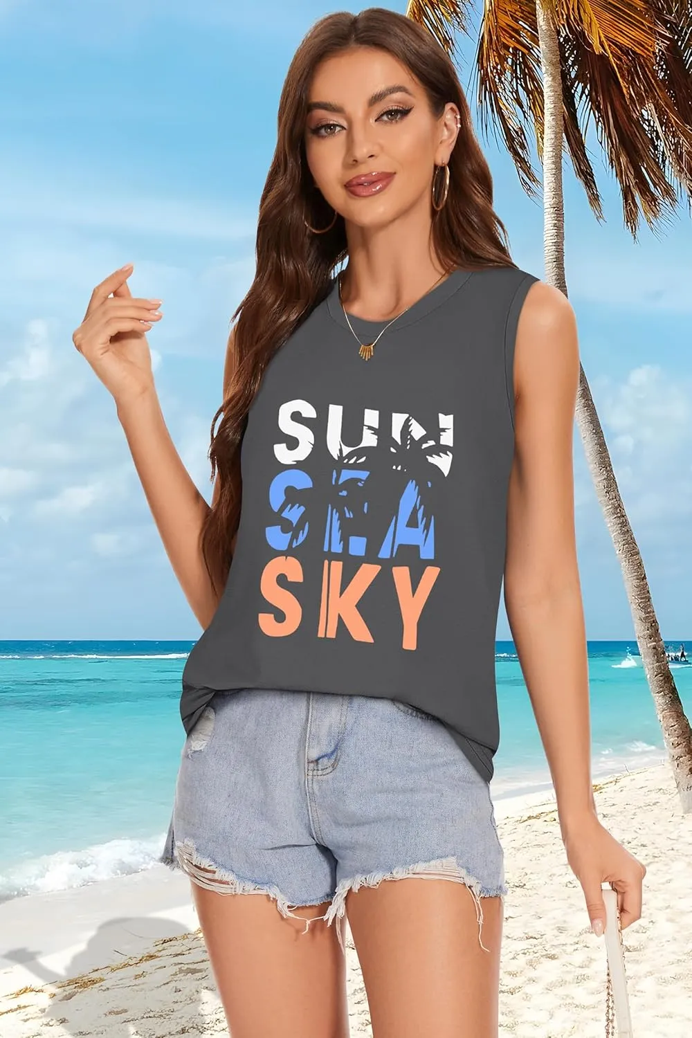 Tank Top for Women Summer Sleeveless Shirts Crewneck Casual Basic Side Split Tops