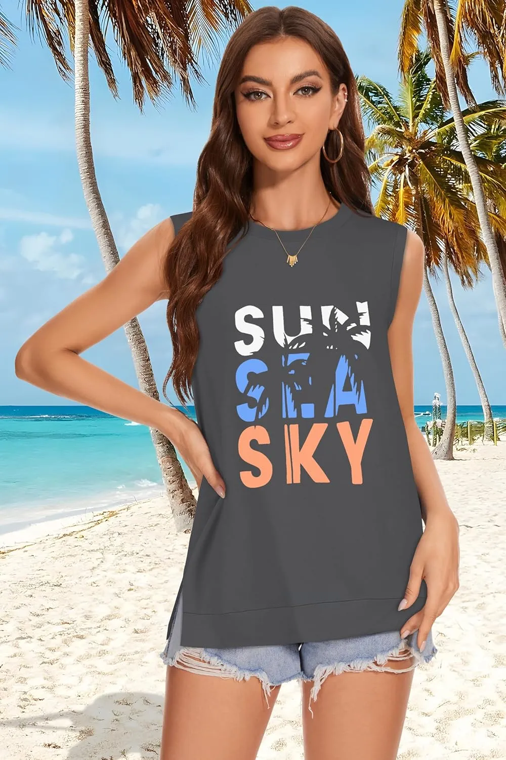 Tank Top for Women Summer Sleeveless Shirts Crewneck Casual Basic Side Split Tops