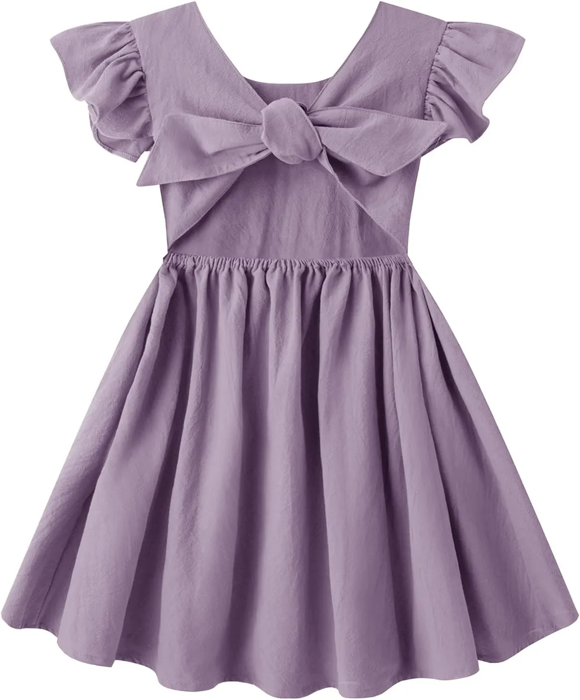 Toddler Baby Girl Cotton Linen Summer Dress Ruffle Sleeve Back Bowknot Kids Beach Dresses