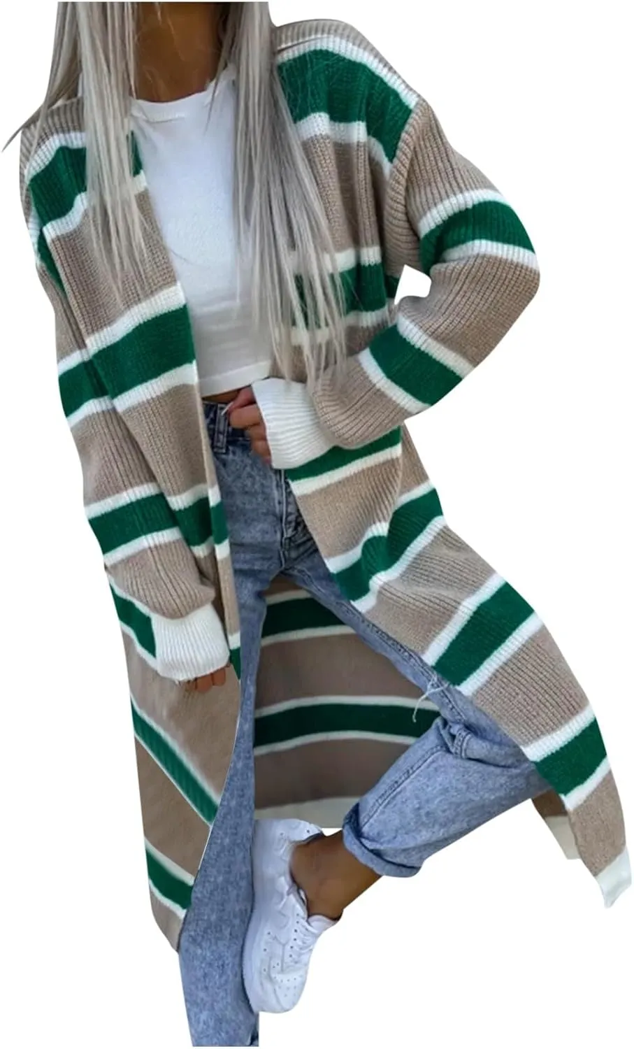 Uillui Long Knit Sweater Cardigans for Women Fall Winter Casual Striped Chunky Sweaters Outwear Lengthened Cashmere Sweaters
