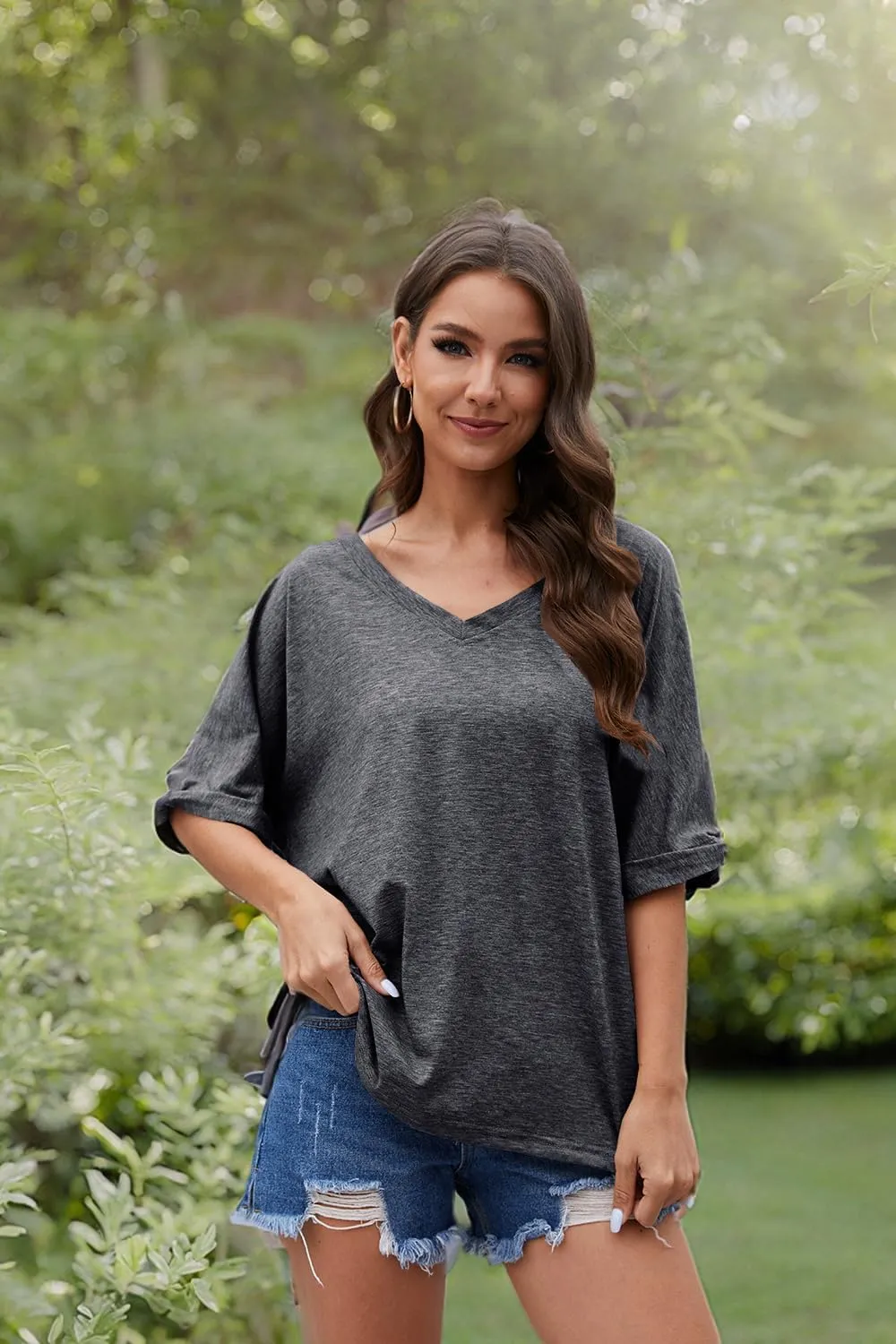 UNCLECAT Women's V Neck Oversized T-Shirts Summer Short Sleeve Shirts Loose Casual Tops Tee