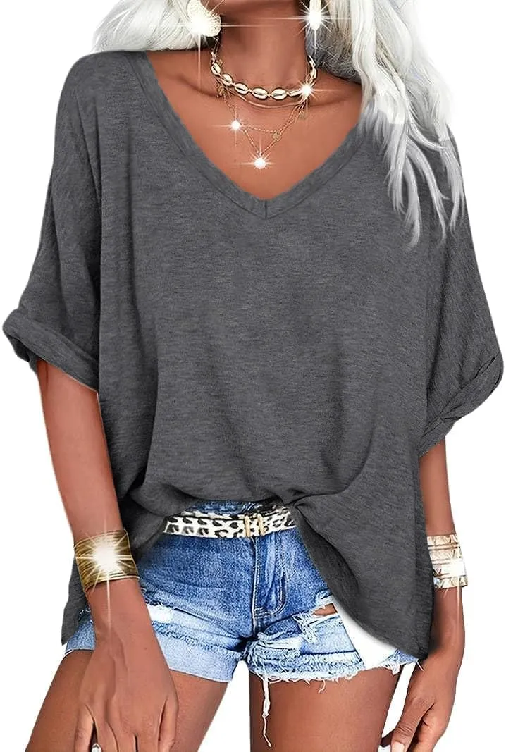 UNCLECAT Women's V Neck Oversized T-Shirts Summer Short Sleeve Shirts Loose Casual Tops Tee
