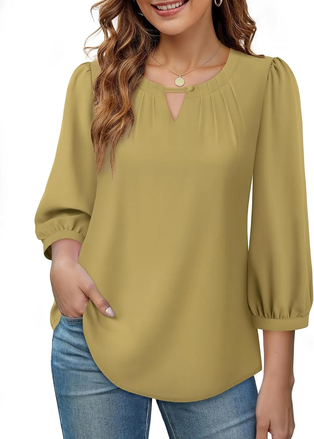 VALOLIA Women's 3/4 Sleeve Dressy Blouses Shirts Business Casual Work Chiffon Tunic Tops