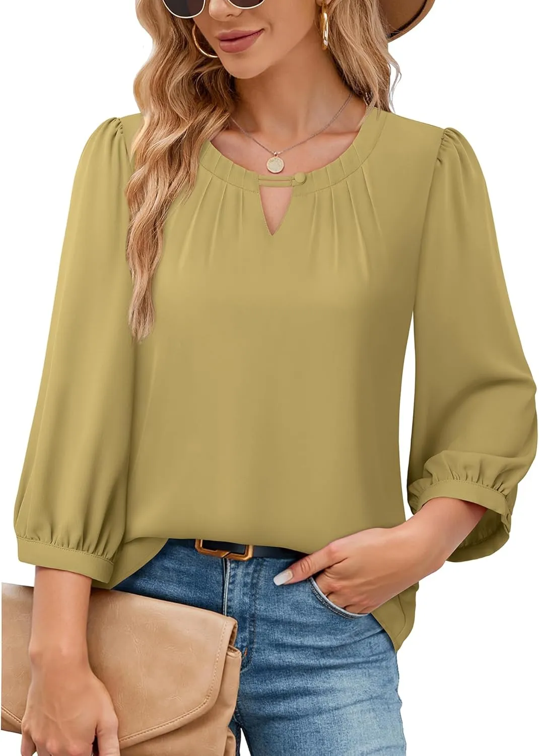 VALOLIA Women's 3/4 Sleeve Dressy Blouses Shirts Business Casual Work Chiffon Tunic Tops