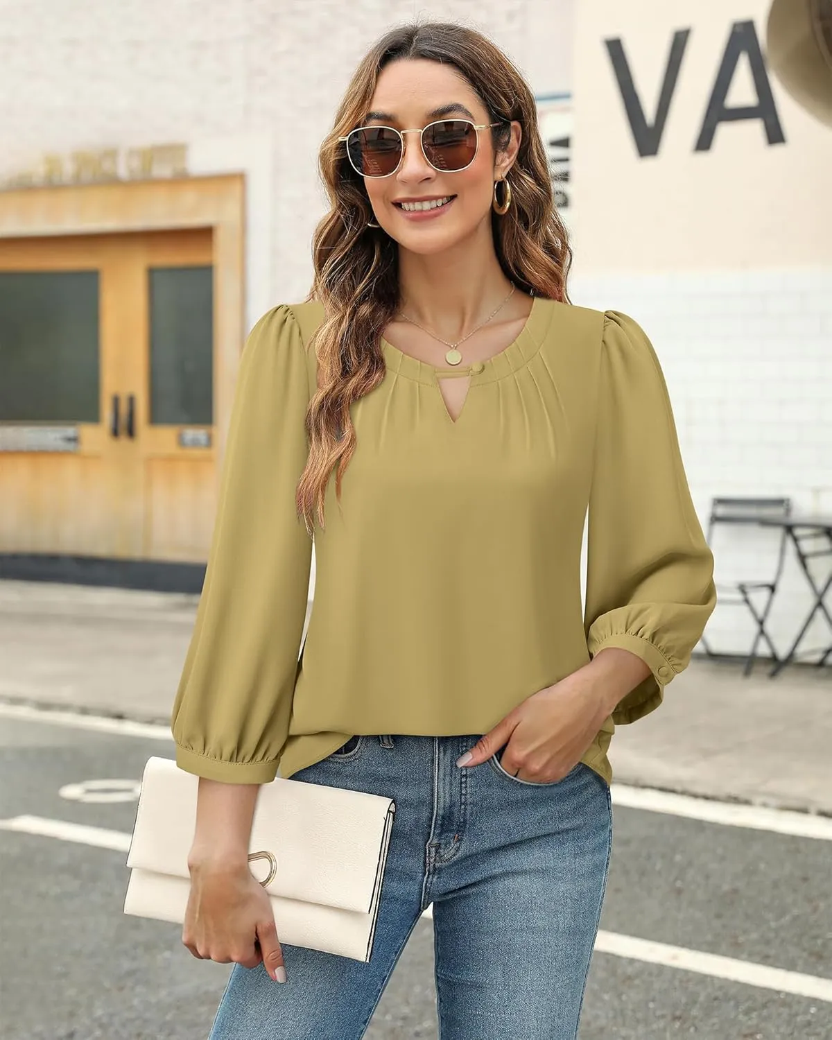 VALOLIA Women's 3/4 Sleeve Dressy Blouses Shirts Business Casual Work Chiffon Tunic Tops