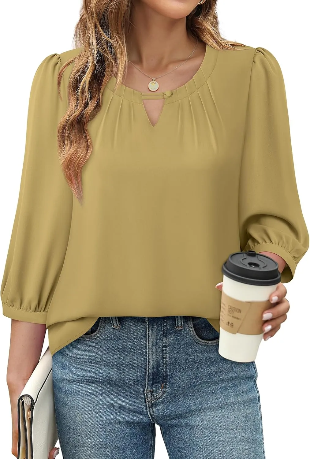 VALOLIA Women's 3/4 Sleeve Dressy Blouses Shirts Business Casual Work Chiffon Tunic Tops