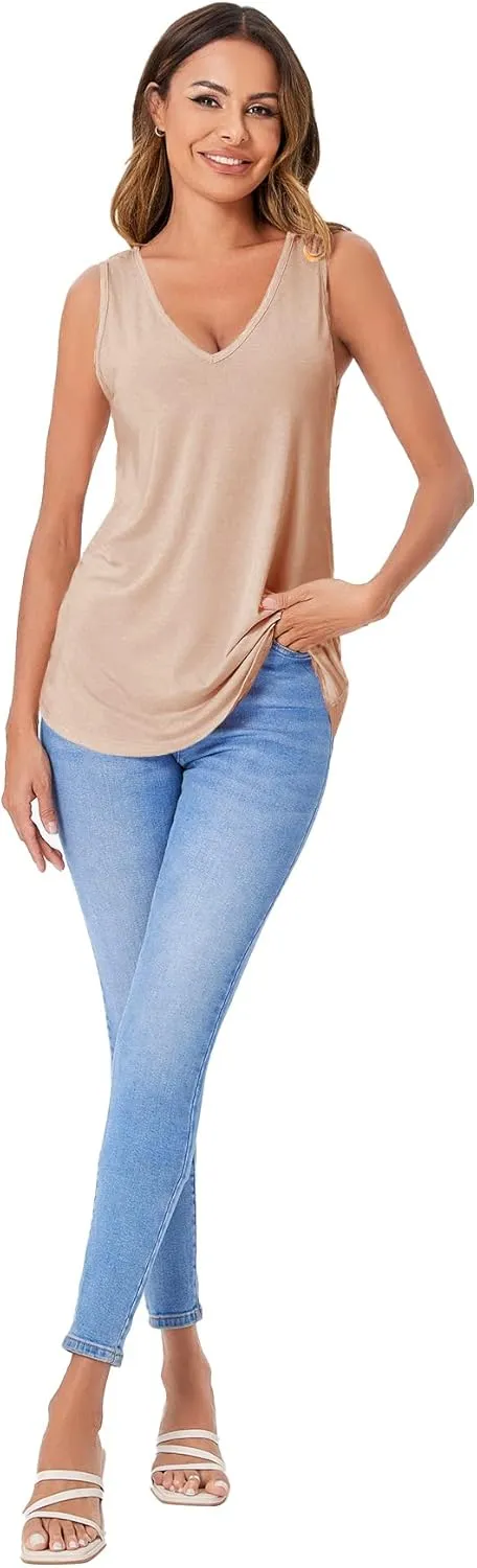 Verdusa Women's Basic V Neck Longline Dolphin Hem Loose Tunic Tank Top