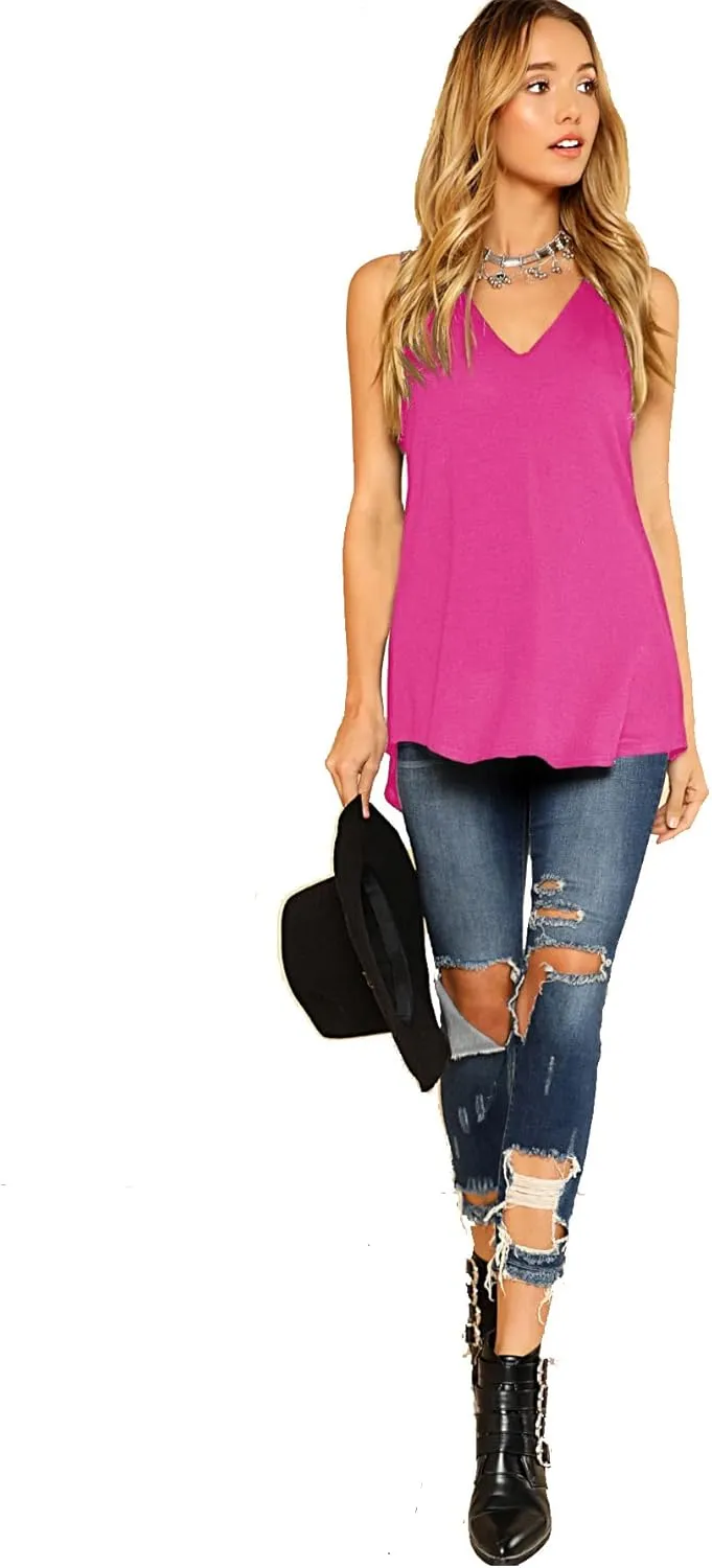 Verdusa Women's Basic V Neck Longline Dolphin Hem Loose Tunic Tank Top