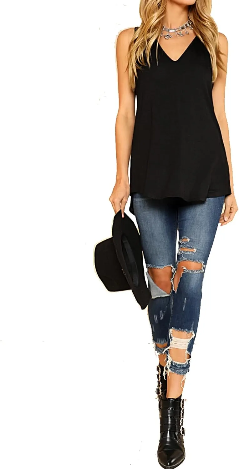 Verdusa Women's Basic V Neck Longline Dolphin Hem Loose Tunic Tank Top