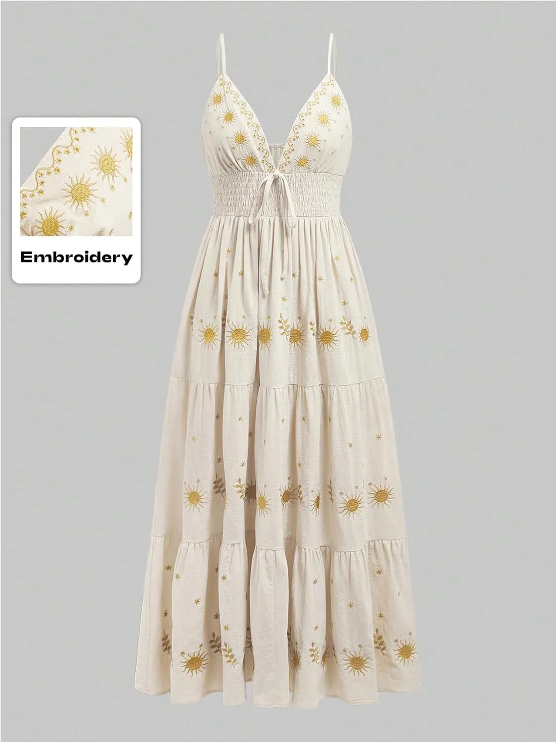 Verdusa Women's Boho Embroidery Cami Dress Sleeveless Tie Knot Ruffle Long Dresses
